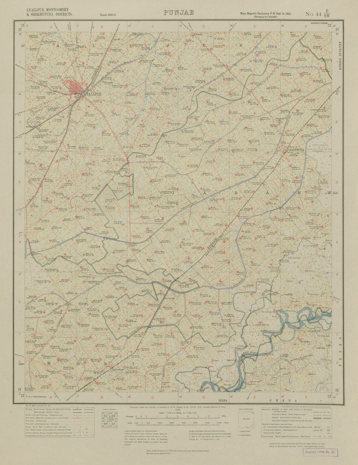 SURVEY OF INDIA 44 E/SW Pakistan Punjab Faisalabad (Lyallpur) Jaranwala 1922 map